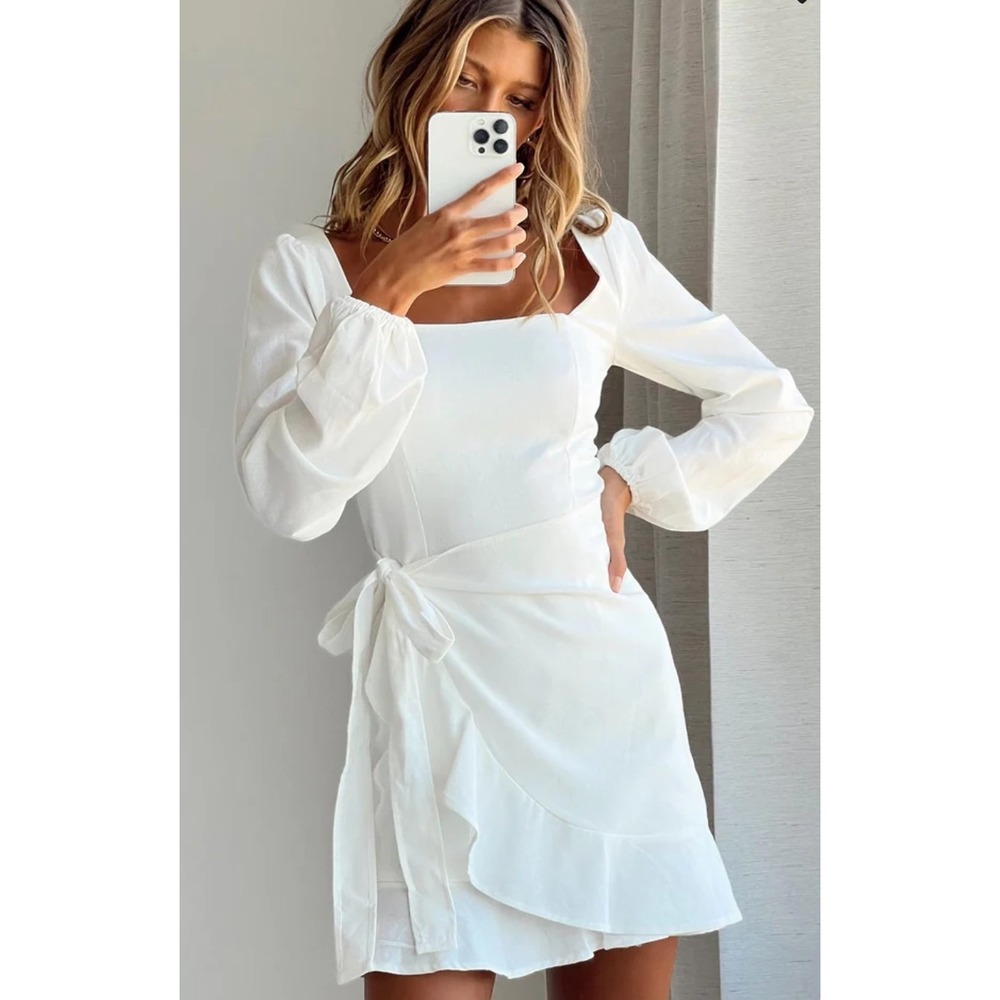 Princess Polly Linen White 8 Long Sleeve Wrap The Villa Mini Dress Womens